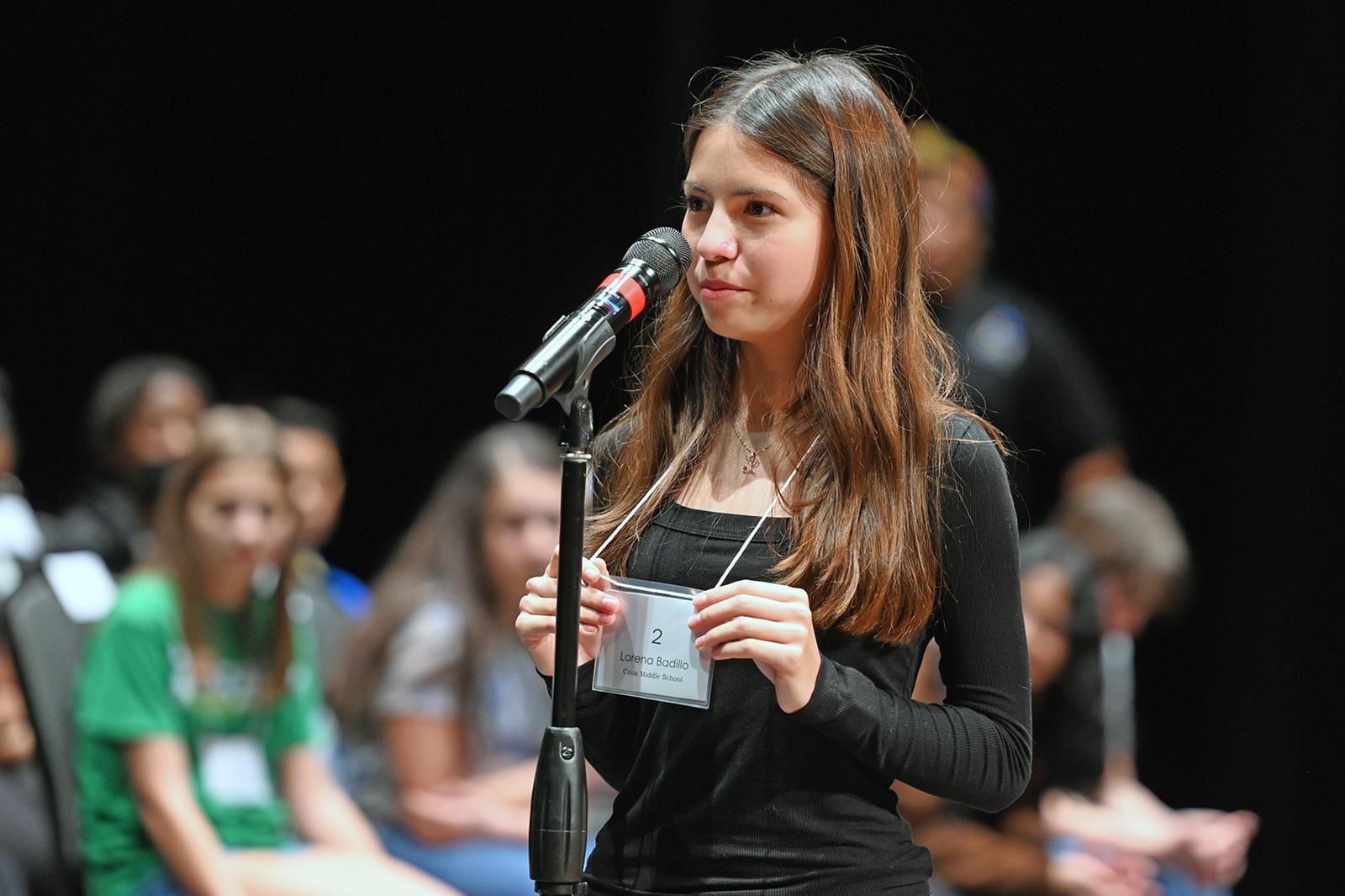 Cook eighth grade student Lorena Badillo correctly spelled the word phalanges in the 10th round of the MS Spelling Bee.